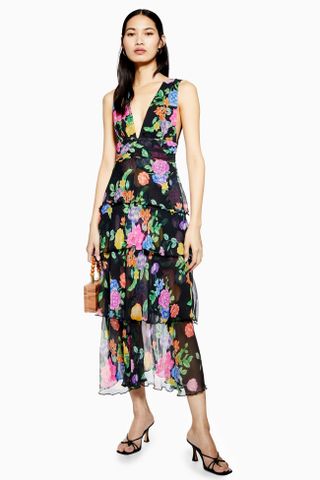 Topshop + Black Floral Plunge Pinafore Dress
