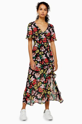 Topshop + Floral V Neck Angel Sleeve Dress