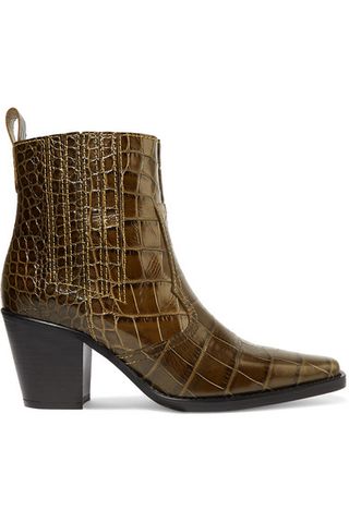 Ganni + Croc-Effect Leather Ankle Boots