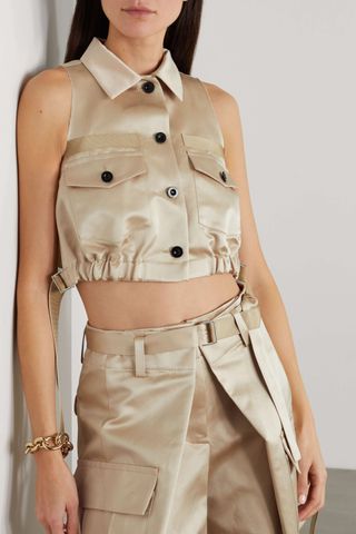 Sacai + Cropped Grosgrain-Trimmed Ruched Satin Top
