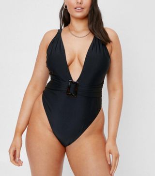Nasty Gal + Plus Size Belted v Neck Swimsuit