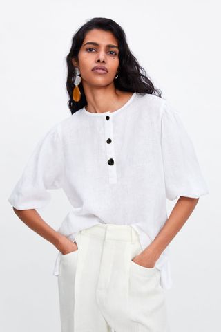 Zara + Buttoned Linen Blouse