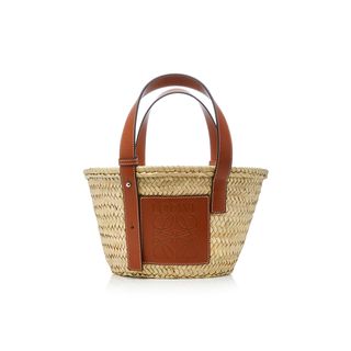 Loewe + Small Leather-Trimmed Straw Basket Tote