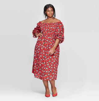 Who What Wear + Floral Print Elbow Sleeve Square Neck Shirred Midi Dress