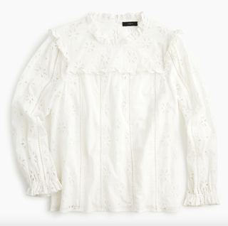 J.Crew + Long-Sleeve Ruffle-Neck Top in Eyelet