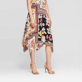 Who What Wear x Target + Floral Print Sharkbite Hem A Line Midi Skirt