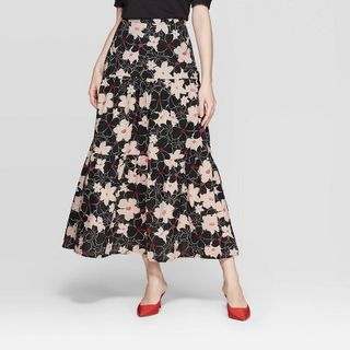 Who What Wear x Target + Floral Print Mid-Rise Tiered A Line Maxi Skirt