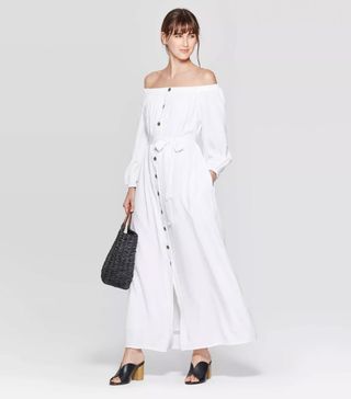 Who What Wear x Target + Long Sleeve Off the Shoulder Button-Down A Line Maxi Dress