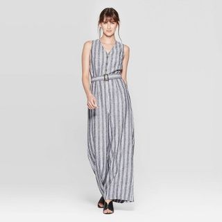 Who What Wear x Target + Striped Sleeveless V-Neck Wide Leg Belted Jumpsuit