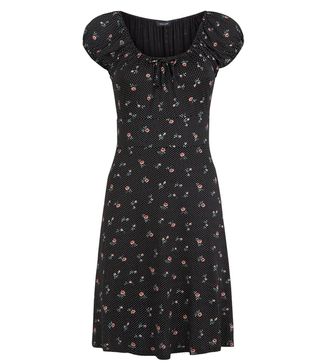 New Look + Black Ditsy Floral Spot Print Milkmaid Dress
