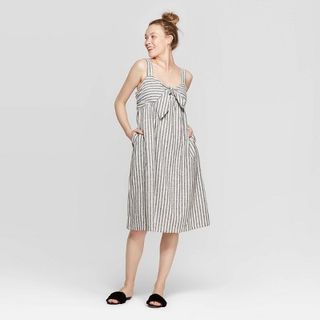 Who What Wear x Target + Striped Strappy V-Neck Bow Tie A Line Dress