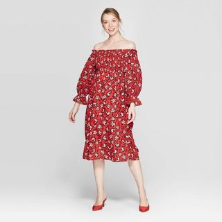Who What Wear x Target + Floral Print Shirred Midi A Line Dress