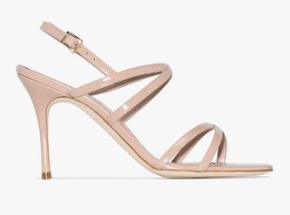 Manolo Blahnik + Pink Amazia 90 Strappy Patent Sandals