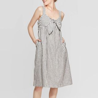 Who What Wear + Striped Strappy V-Neck Bow Tie A Line Dress