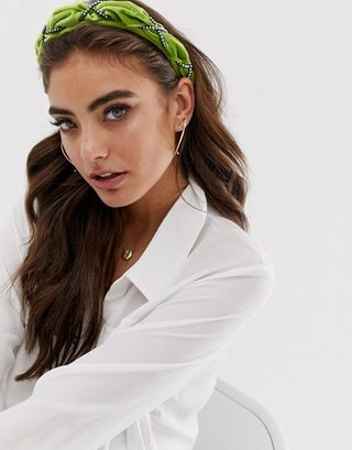 ASOS + Design Velvet Headband with Grey Pearl Detail in Chartreuse
