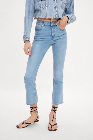Zara + Mid-Rise Flared Cropped Jeans