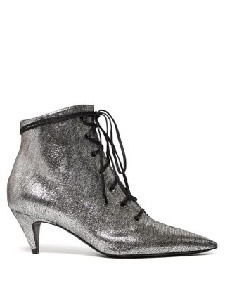Saint Laurent + Charlotte Lace-Up Metallic-Leather Ankle Boots