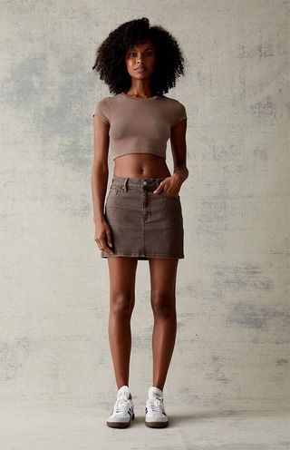 Pacsun + Brown Stretch Denim Mini Skirt