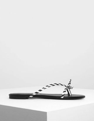 Charles & Keith + Strappy Bow Black and White Stripe Thong Sandals