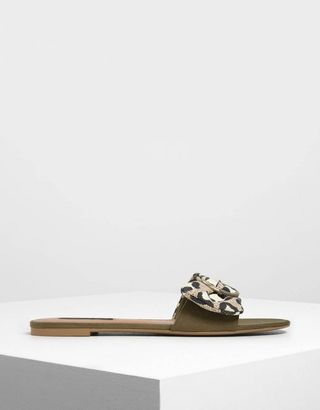 Charles & Keith + Ruched Two Tone Animal Print Slide Sandals