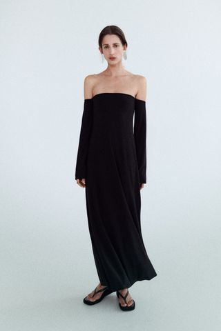 Zara + Off-the-Shoulder Long Sleeve Midi Dress