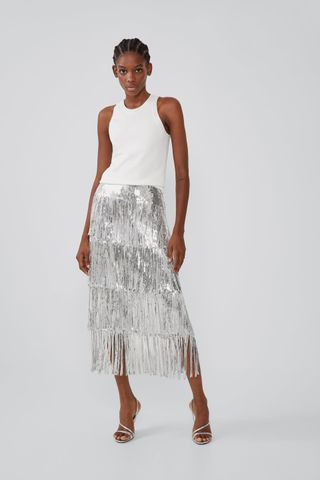 Zara + Fringed Sequin Skirt