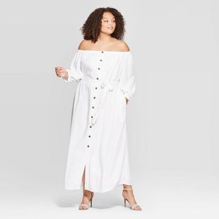Who What Wear x Target + Long Sleeve Off the Shoulder Button-Down Maxi Dress