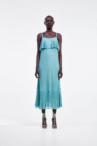 Zara + Metallic Thread Ruffled Dress