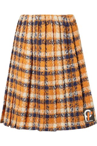Prada + Pleated Checked Wool-Tweed Skirt