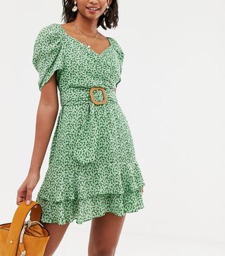 ASOS Design + Wrap Double Layer Minidress in Ditsy Floral Print With Belt