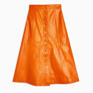 Topshop + Orange Leather Midi Skirt