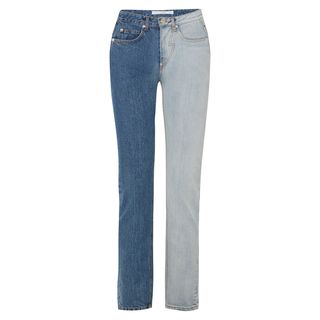 Pushbutton + Two-Tone High-Rise Straight-Leg Jeans