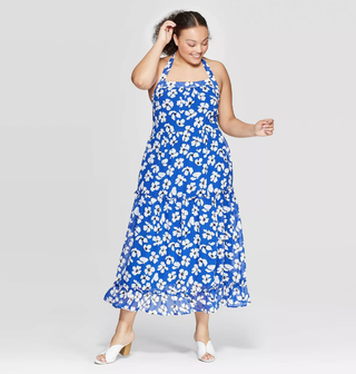 Who What Wear x Target + Floral Print Off the Shoulder Back Drawstring Tiered Maxi Dress