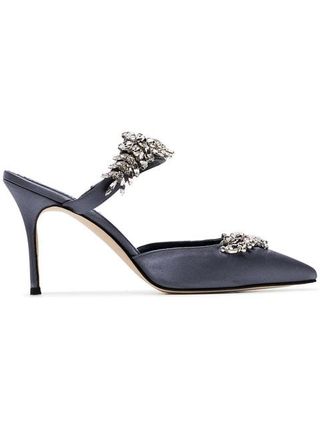 Manolo Blahnik + Blue Lurum 90 Satin Jewel Detail Mules