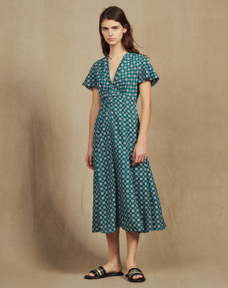 Sandro + Short-Sleeve Printed Flowing Dress