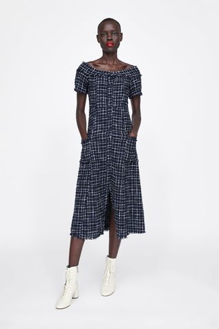 Zara + Tweed Dress With Gemstone Buttons