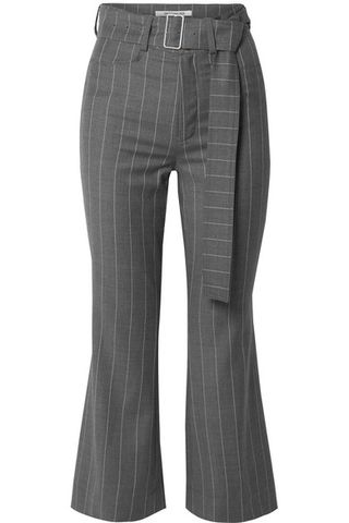 Orseund Iris + Cropped Belted Pinstriped Wool Blend Flared Pants