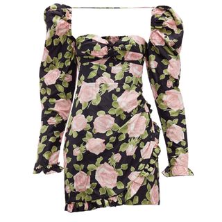 Alessandra Rich + Puff-Sleeve Rose-Print Silk Mini Dress