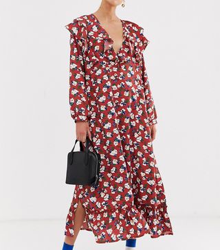 Ghospell + Oversized Midi Dress With Ruffle Hem and Sleeves in Floral Print
