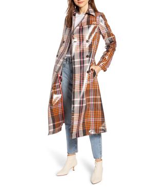 Something Navy + Water Resistant Plaid Glossy Trench Coat