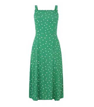 Warehouse + Polka-Dot Ruffle Midi Dress in Green/White