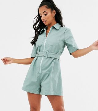 PrettyLittleThing + Petite Belted Utility Playsuit in Sage Green