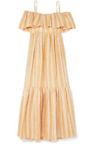Three Graces London + Ida Off-the-Shoulder Tiered Metallic Striped Linen-Blend Dress