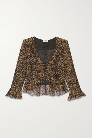 Saint Laurent + Ruffled Leopard-Print Wool-Chiffon Blouse