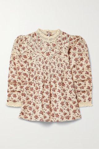 Dôen + Annette Crochet Lace-Trimmed Pintucked Floral-Print Cotton-Voile Top