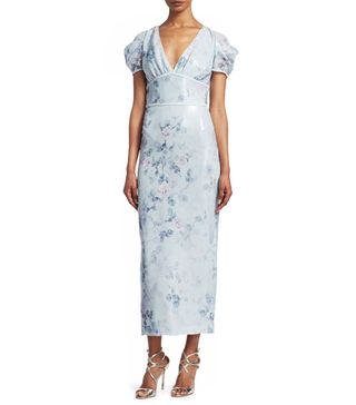Marchesa Notte + Puff Sleeve Sequin Floral Dress