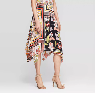 Who What Wear x Target + Floral Print Sharkbite Hem A Line Midi Skirt