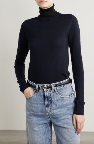 Toteme + + NET SUSTAIN Silk-Trimmed Two-Tone Wool Turtleneck Sweater