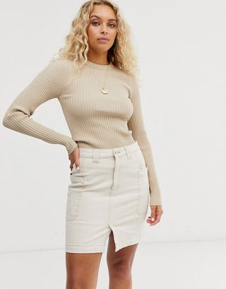 ASOS + Weekday Ribbed Round Neck Sweater in Beige