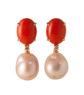 1stdibs + Baroque Pearls Coral and Diamonds Yellow Gold Earrings